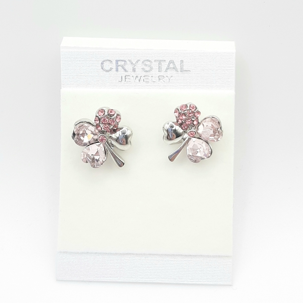 Pink Austrian Crystal Four Leaf Clover Shamrock Stud Earrings Lucky New